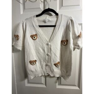 Threaded Leaf Teddy Bear Cardigan Cream Size L